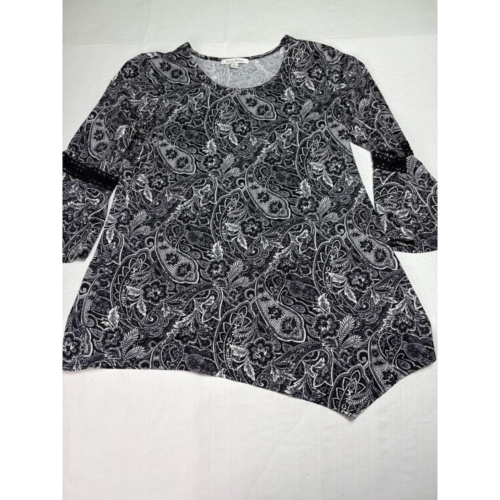 Studio Works Womens Black White Paisley Lace Trim Bell Sleeve Asymmetric Top M